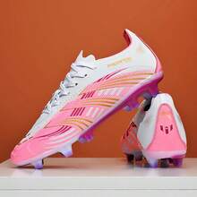 Unisex Anti-Slip Football Shoes, High-Top Durable Artificial Turf Football Cleats Sports Shoes - Pink - View 3