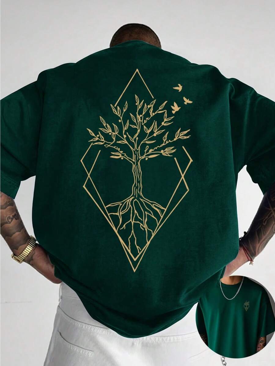Men's Geometric Tree Of Life Vintage Pattern T-Shirt, Loose Minimalist Natural Style Casual Top - Dark Green - View 1
