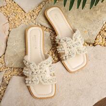 Women's Lace Trim Square Toe Open Toe Flat Slides, Elegant Fashion Casual Beach Sandals - Beige - View 6
