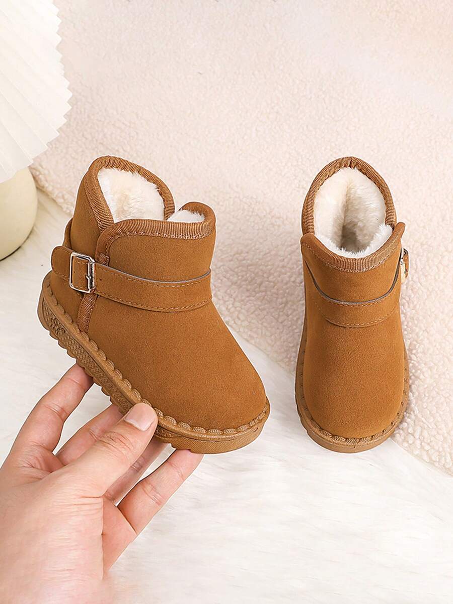 Solid Color Basic Kids Warm Snow Boots With Fleece Lining, Non-Slip Daily Outdoor Shoes For Boys And Girls - Brown - View 1