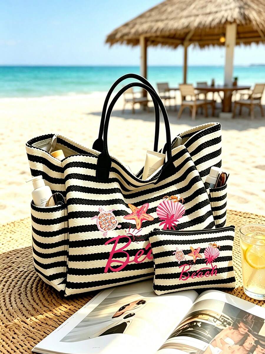 1/2件組條紋托特包與化妝包套裝,印有「Beach」圖案,大容量時尚沙灘包,極簡風格,適合通勤、度假、旅行、日常使用與購物,送給朋友與家人的理想禮物 - 彩色 - 查看 1