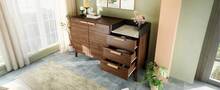 Living Room Sideboard In Oak Decor - Marble Effect Top + 3 Drawers & Double Door Cabinet - 深色橡木 - 查看 6
