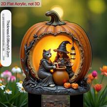 2D Flat Acrylic Soil Sign, Pointed Design, Featuring Witch And Cat In Pumpkin, Enhances Flower Pot As Garden Decor, Perfect For Outdoor Yard Decoration And Halloween Decor - A - View 2