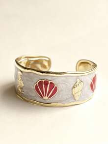 White Collection Stainless Steel Enamel Open Cuff Bracelet, Starfish Shell Heart Design, Minimalist Fashion Summer Beach Jewelry, Romantic Nautical Style Personalized Accessory - White - View 23