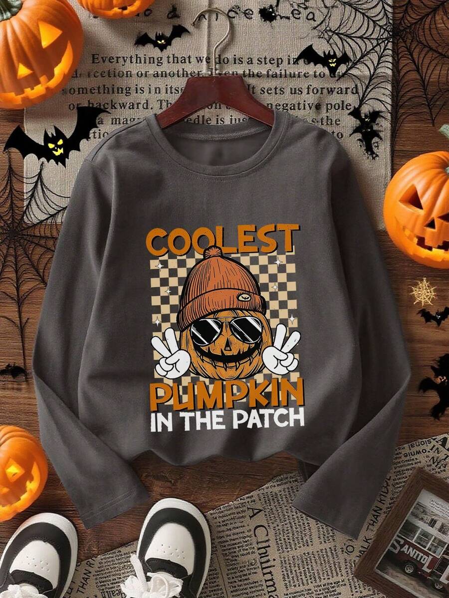 [Halloween]Tween Boy 1pc Casual Pumpkin Print Long Sleeve T-Shirt, Spring/Autumn, Young Student Children's Clothing, Fashionable Warm Comfortable Fit Top For Big Kids/Teen Boys - Dark Grey - View 1