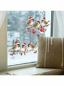 1pc Christmas Santa Hat Sparrow Red Berry Branch Icicle Snowflake Static Window Sticker, Removable And Reusable Glass Decal, Suitable For Home, Store, Christmas, Winter Holiday Decoration - Santa Hat - View 2