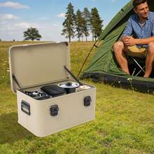 Conteneur de rangement en aluminium de 50 L avec clés et poignée latérale, conteneur rigide pour organiser le matériel de cuisine de camping, boîte de rangement portable pour les voyages en extérieur avec couvercle et sangles de suspension - Kaki - Voir 2