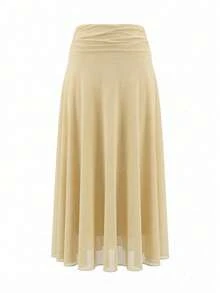 Women's Solid Color Waist Pleated Elegant Fashionable Skirt - Yellow - View 6