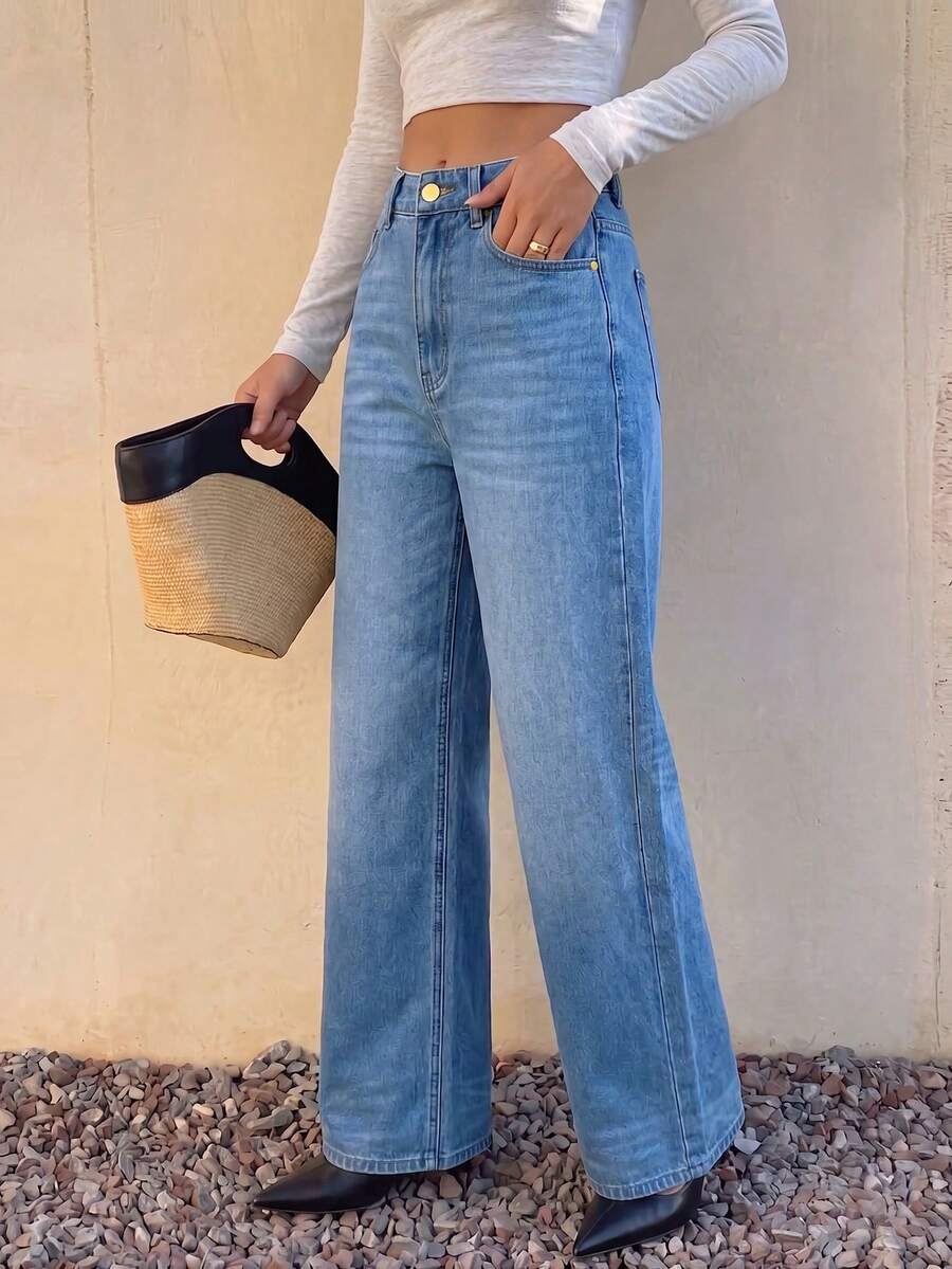 Women's Casual Straight Leg Denim Jeans, Non-Stretch Long Pants, Button And Zipper Fly, Versatile Everyday Style