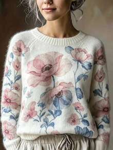 Suéter de punto de manga larga estampado para mujer, ajuste regular, dobladillo de punto acanalado, elasticidad media, adecuado para uso en otoño/invierno, rosa vacaciones - Rosa - Ver 1