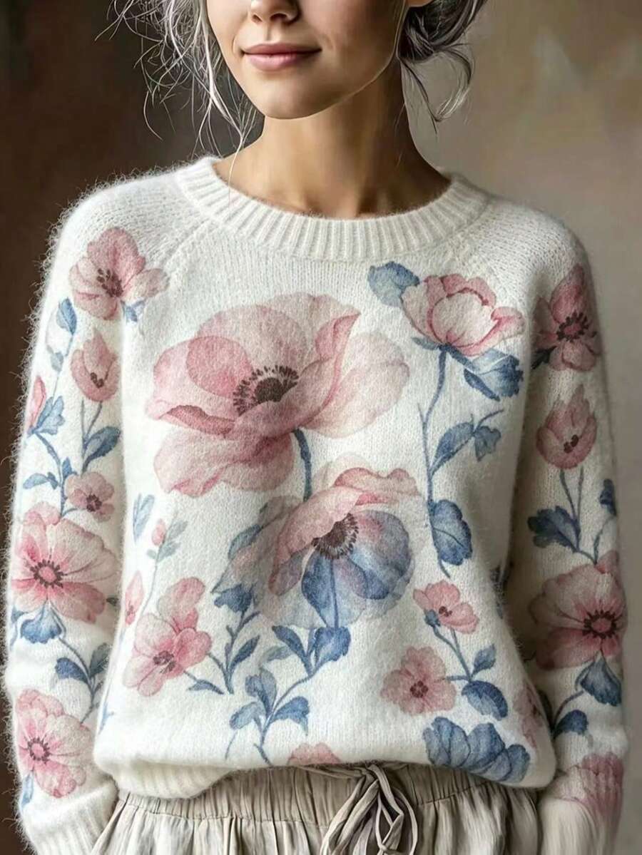 Suéter de punto de manga larga estampado para mujer, ajuste regular, dobladillo de punto acanalado, elasticidad media, adecuado para uso en otoño/invierno, rosa vacaciones - Rosa - Ver 1