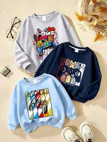 3pcs Boys Colorful Graffiti Game Controller Print Crew Neck Sweatshirt, Autumn/Winter Fashion Comfortable New Top - Multicolor - View 1