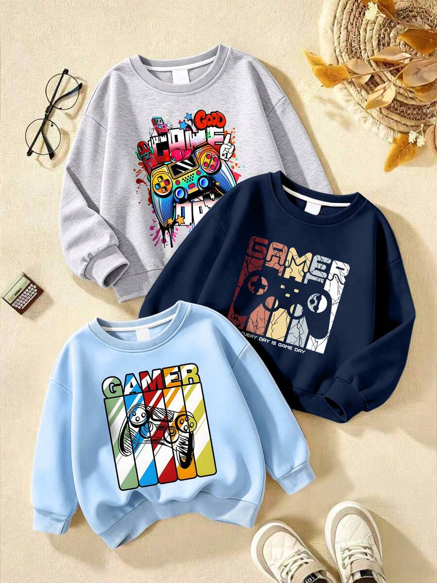 3pcs Boys Colorful Graffiti Game Controller Print Crew Neck Sweatshirt, Autumn/Winter Fashion Comfortable New Top - Multicolor - View 1