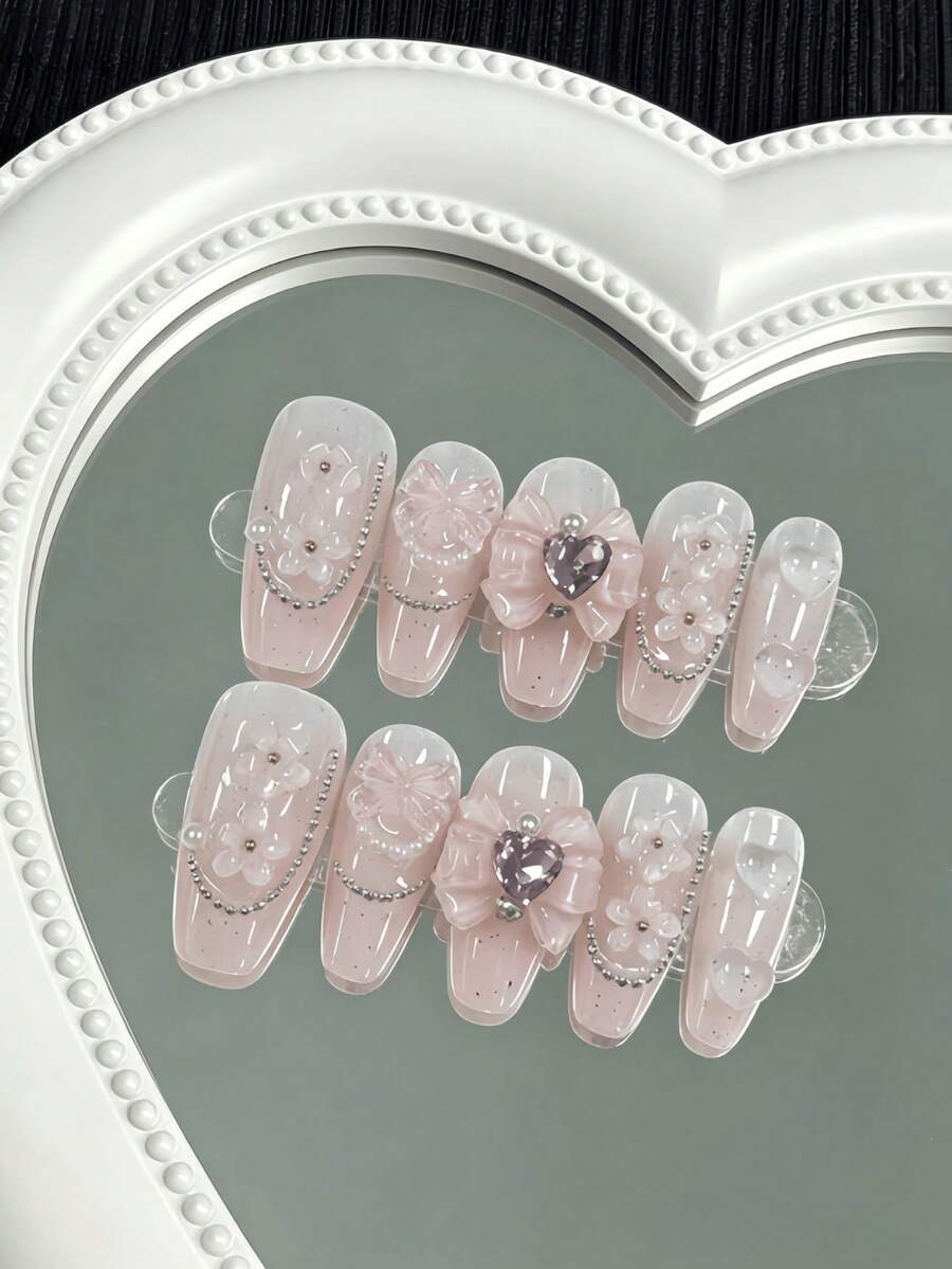 10pieces Handmade False Nails With Crystal Butterfly & Heart Design, Suitable For Birthday Parties, Dance Parties And Daily Wear Press On Nails Nail Supplies Handmade Press On Nails - Baby Pink - View 1