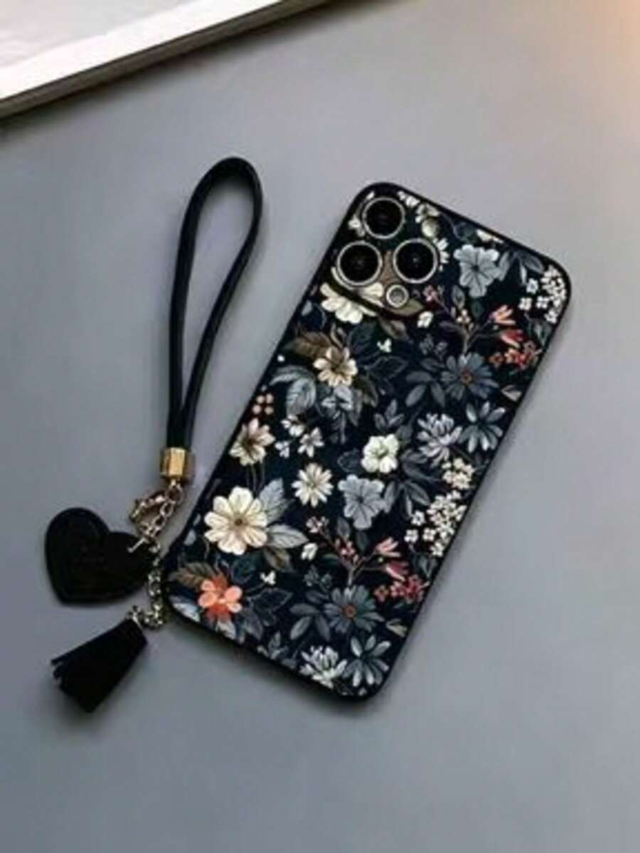 精準孔位直邊花卉彩繪加厚防摔手機殼 保護套 附全新皮革愛心手繩 皮革繩流蘇掛飾 短款腕帶吊飾 適用於 iPhone - 彩色 - 查看 1