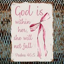 Plaque en bois vintage - Nœud rose & Verset biblique "God Is Within Her, She Shall Not Fall", Décoration murale intérieure/extérieure, Convient pour le salon, la chambre, le bureau - Décoration chrétienne durable pour la maison, Design de police élégant, Effet vieilli, Cadeau de foi - Multicolore - Voir 6