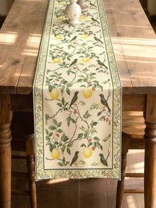 1pc Lemon Bird & Leaf Table Runner - Yellow Green Floral Farmhouse Decor, Lemon Bird Print Suitable For Dining Table, Party, Table Setting, Rectangular Runner - Olive Green - View 1