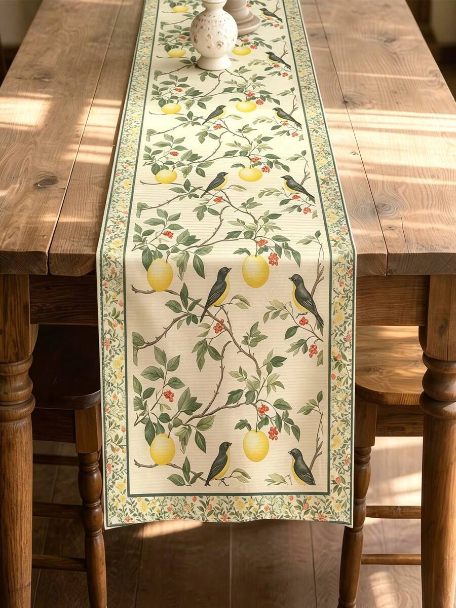 1pc Lemon Bird & Leaf Table Runner - Yellow Green Floral Farmhouse Decor, Lemon Bird Print Suitable For Dining Table, Party, Table Setting, Rectangular Runner - Olive Green - View 1
