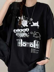 Lässiges Kurzarm-T-Shirt für Damen, locker geschnitten, weicher und cooler Vintage-Stil, Aufdruck mit einer Katze, die Musik hört, reine Stoffqualität, Y2K-Stil, geeignet für häufige Ausflüge und den täglichen - Weiss - Übersicht 8