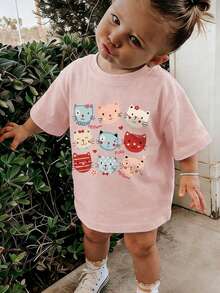 Kaos Lengan Pendek Leher Bulat Potongan Longgar untuk Anak Perempuan, Atasan Dasar Lembut Kasual untuk Sehari-hari - Berwarna merah muda - View 2