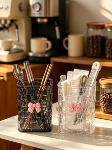 1pc Luxury Woven Texture Transparent Storage Box, Multi-Functional Stationery And Cosmetic Organizer, Decorated With Cute Bow, Space-Saving And Tidy - Pen Holder - View 8