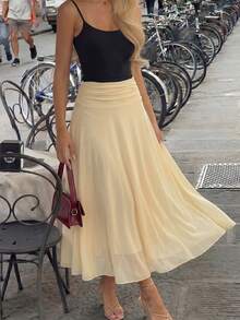 Women's Solid Color Waist Pleated Elegant Fashionable Skirt - Yellow - View 2
