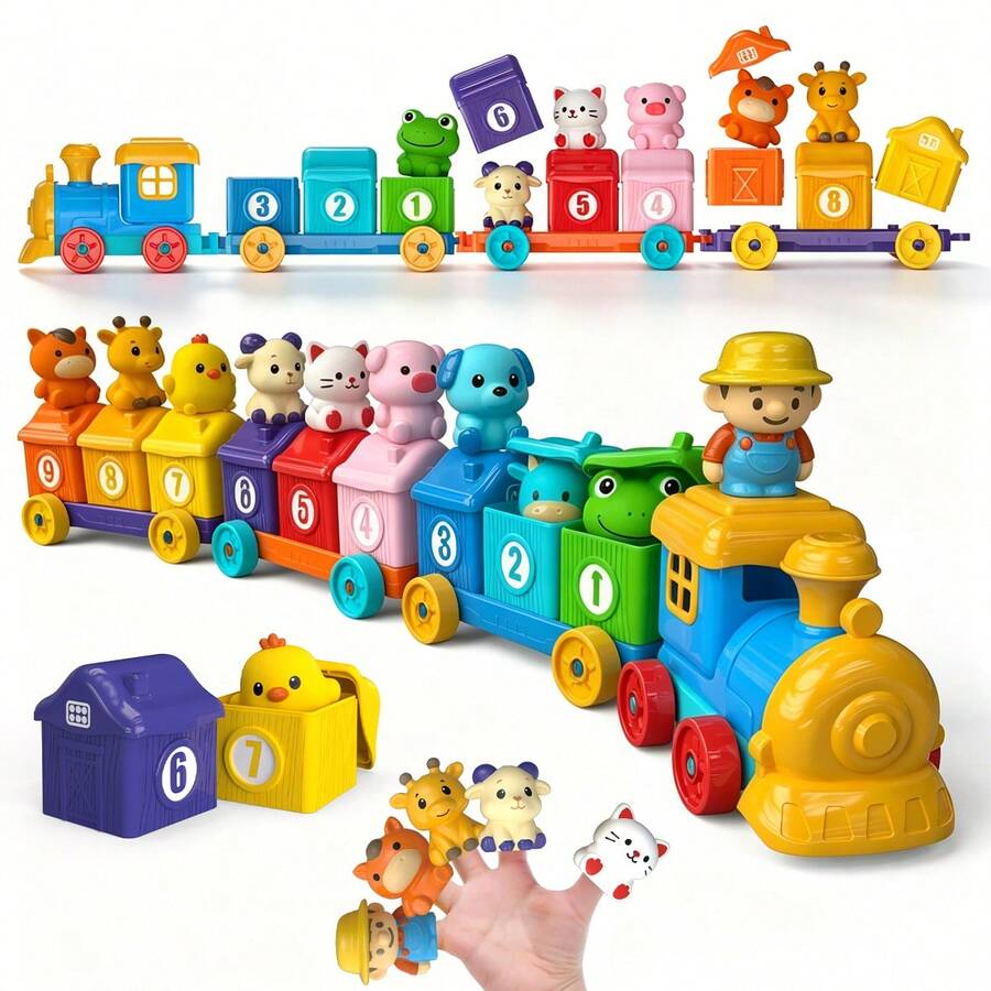 UINLE Baby Farm Digital Building Blocks Train Toy Set 1-9 Number Storage House Animal Finger Puppets Combination Assembly Tractor Blocks Car Baby Math Cognitive Early Education Educational Toy Suitable For 18 Months And Above Boys Girls Parent-Child Interaction Gift - Multicolor - View 1