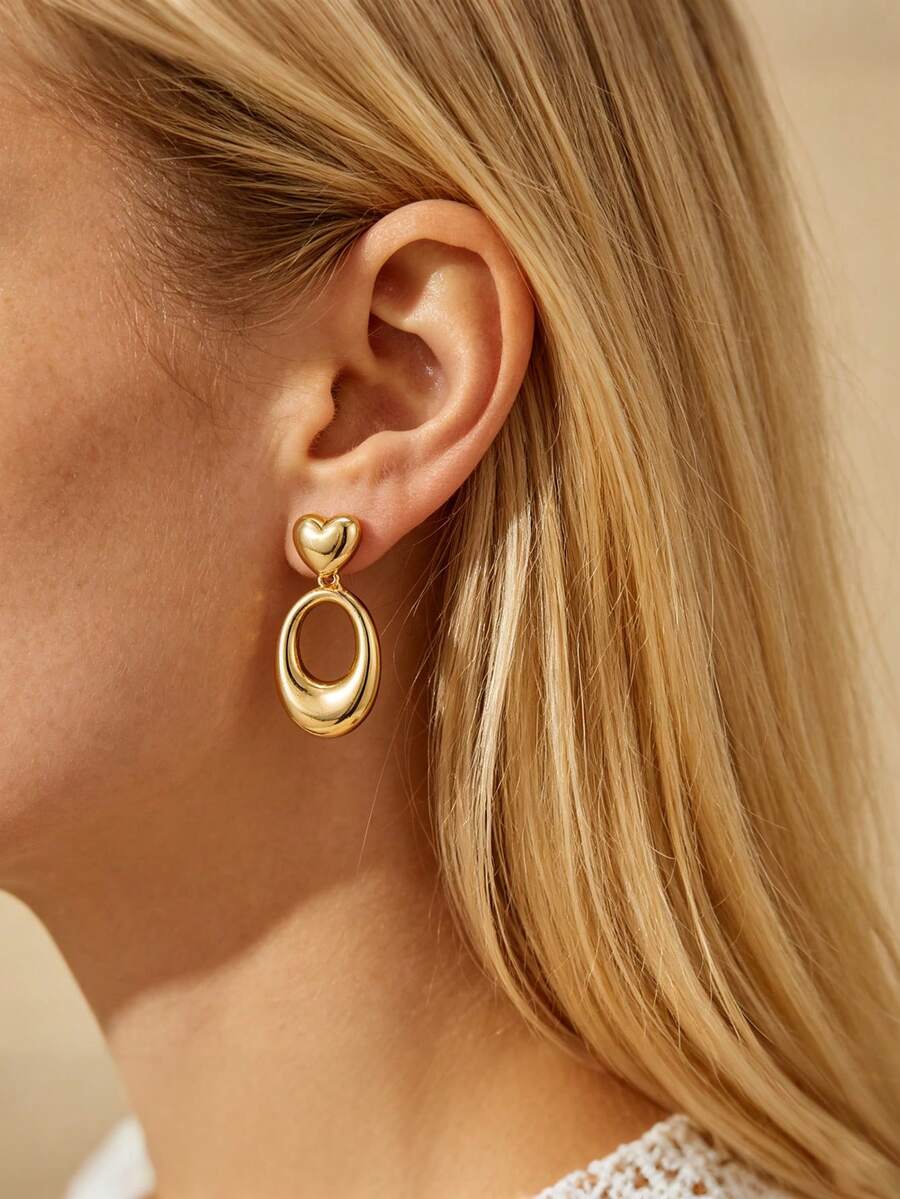 Shescity 1 Pair Brass Heart-Shaped Luxury High-End Earrings For Women, Daily Commute Outfit Studs - Gold - View 1