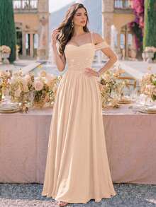 Đầm dạ hội maxi voan chiffon đính sequin ren hoa, trễ vai, gấu nhún, đầm phù dâu, váy dạ hội cưới mùa thu trang trọng - Rượu sâm banh - Xem 6