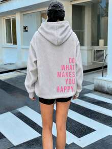 ZZG Es Trus 秋冬女款灰色大尺碼 Slay 「DO WHAT MAKES YOU HAPPY.」字母印花 Y2K 抽繩連帽休閒街頭風運動衫 - 灰色 - 查看 1