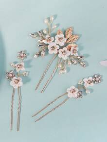 3pcs French Fairy White Flower Pearl Rhinestone U-Shaped Hair Pins, Bridal Wedding Updo Hair Accessories, Handmade Woven Alloy Hair Ornament Set - Gold - View 7