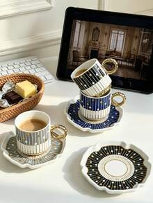 1/3 Sets 110ml Premium Nordic Ceramic Cup & Saucer Set,Piano Note Pattern Coffee Mug With Heat Resistant Handle, Dishwasher , Perfect For Espresso Afternoon Tea Cup,Party & Kitchen, Ideal Gift For Women/Girls ,Housewarming,Back To School Present - Multicolor - View 4