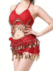 Women's Belly Dance & Style Costume (Bra + Waist Chain), Fringed Dance Top, Slit Skirt, Wrap-Around Skirt, Bohemian, Retro, Sari-Inspired Design,Hip Wrapped Skirt, Dance Skirt, Bohemian, Retro Style, Saree Sari Inspiration. - Multicolor - View 17