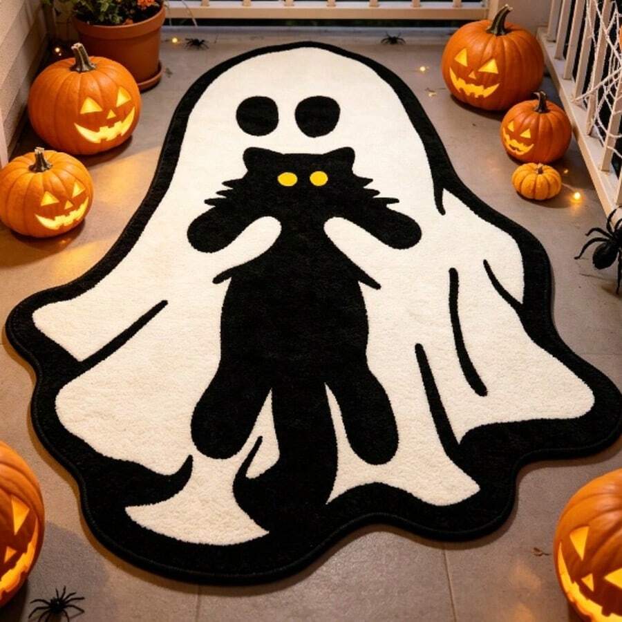 1pc Halloween New Arrival, Horror Halloween Ghost Black Cat Alien Carpet, Fun Atmosphere Holiday Home Decor Living Room Rug - Autumn Bestseller Floor Mat, Modern Funny Scary Expression Bedroom Bedside Washable Decorative Carpet, Niche Personalized Creative Design Gaming Room Balcony Rug - Multicolor - View 1