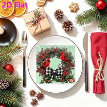 20pcs Holiday Cardinal Holly Wreath Buffalo Plaid Bow Print Paper Napkins, 2D Flat Vintage Farmhouse Style Christmas Disposable Napkins, Suitable For Holiday Dinner Cottagecore Table Decor - Multiple Styles - View 2