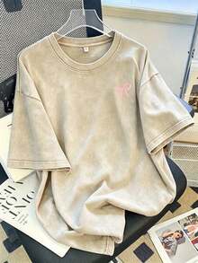Women Vintage Washed Tee, 230G Thick Oversized Crew Neck Short Sleeve, Retro Street Loose Fit Casual Top For Spring Summer Machine Washable Daily Wear - 杏色 - 查看 10