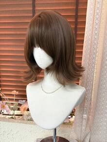 Topshe [MONEET SECRET] 12 Inch Flip Bob Full Wig With Bangs, Heat-Resistant Synthetic Fiber, Chestnut Brown, Korean Ulzzang Style, Soft Outward-Curled Ends, Full Wig, Suitable For Daily Casual Wear - Multicolor - View 6