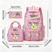 Miniso 粉色美人魚鱗片 Snoopy 檸檬色午睡印花 3 件組背包套裝，輕量多隔層可調節寬肩帶學生書包，手提迷你包 - 粉色 - 查看 5