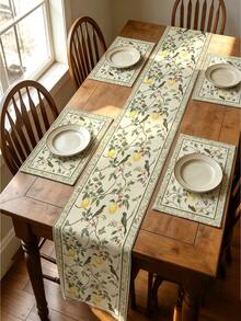 1pc Lemon Bird & Leaf Table Runner - Yellow Green Floral Farmhouse Decor, Lemon Bird Print Suitable For Dining Table, Party, Table Setting, Rectangular Runner - Olive Green - View 5