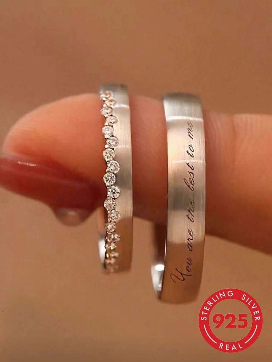 1 Pair Exquisite Romantic S925 Sterling Silver Brushed Finish Couple Rings, Adjustable Open Design, Ideal Gift For Wedding, Engagement, Anniversary, Valentine's Day Confession, Fits Size 7-10 - Silver - View 1