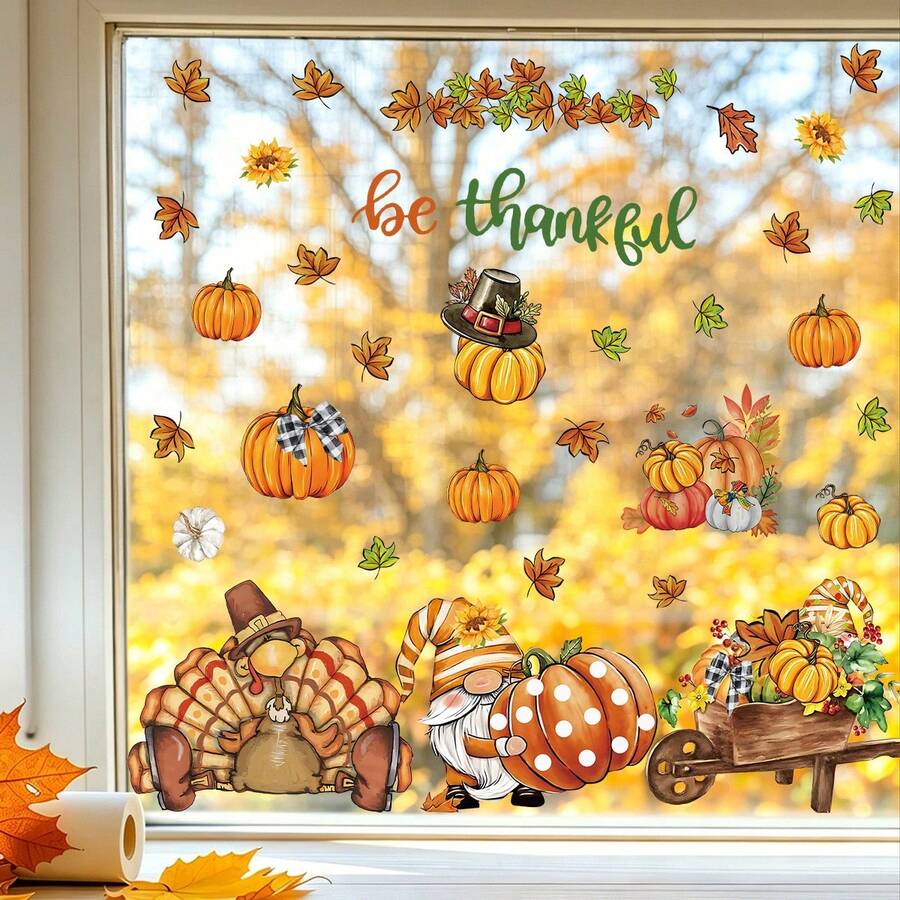 9pcs/Set Thanksgiving Static Window Stickers, Includes Turkey, Gnome, Pumpkin, Maple Leaf Stickers, Reusable Autumn Harvest Window Decals, Suitable For Home Glass Decoration - Multicolor - View 1