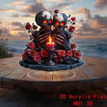 1PC Gothic Skeleton Skull Red Rose Candle 2D Acrylic Standee, Spooky Halloween Table Decor, Creepy Haunted House Desktop Ornament, Dark Horror Scary Goth Home Party Gift - A - View 3