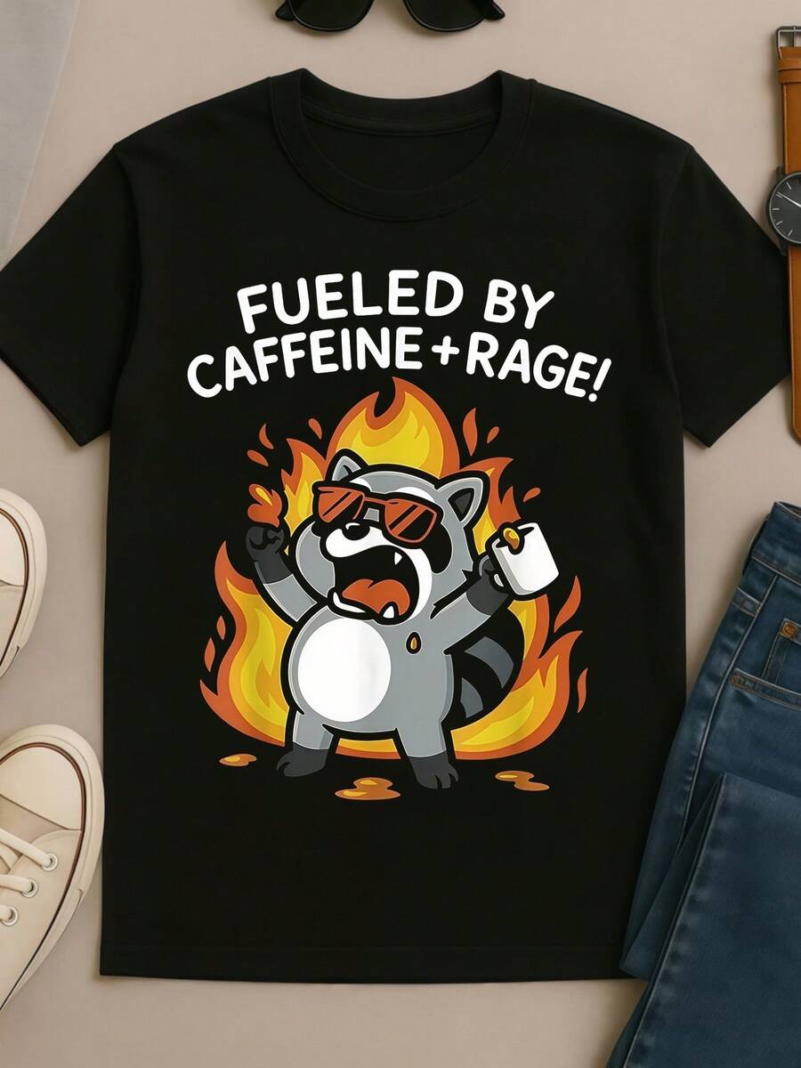 Fueled By Caffeine And Rage Angry Raccoon Funny Cartoon Meme Unisex T-Shirt - 黑色 - 查看 1