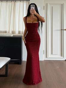 Chic Sleeveless Knitted Cami Dress For Women Burgundy Elegant Bodycon Long Gown With Split And Mermaid Hem, Perfect Party & Formal Attire Summer Dress - Burgundy - View 5