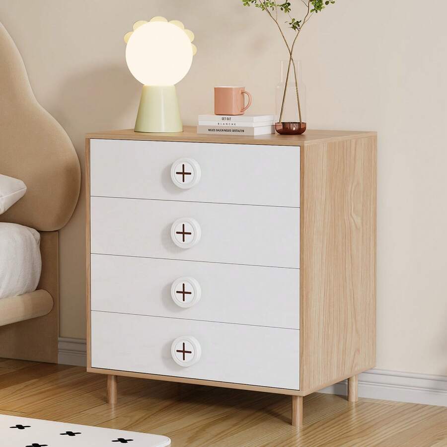 Nightstand Bedside Table White With 4 Drawers – 80 X 54 X 90 Cm - Natural and White - View 1