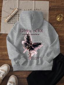 1pc Tween Girl Black & Pink Gradient Broken Butterfly Gothic Letter Hooded Sweatshirt, Heather Grey Streetwear Loose Fit Sweatshirt For Boys & Girls, Spring/Autumn - Grey - View 3
