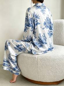2pcs/Set Women's Satin Pajama Set, White With Blue Floral Landscape And Figure Print, Deep V-Neck Lapel, Long Sleeve, Loose Wide Leg Loungewear - Blue and White - View 6
