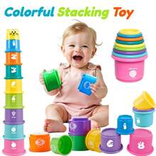 9pcs/Set Funny New Round Stacking Cups, Animal, Number And Fruit Multi-Pattern Design, Suitable For Bathing, Beach And Water Games. Ideal Gift For Holidays And Birthdays. - Multicolor - View 2
