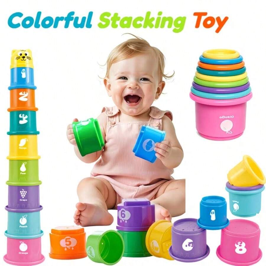 9pcs/Set Funny New Round Stacking Cups, Animal, Number And Fruit Multi-Pattern Design, Suitable For Bathing, Beach And Water Games. Ideal Gift For Holidays And Birthdays.