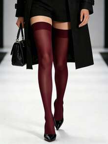 1 Pair Wine Red Knee-Length. Sheer Breathable Long Stockings For Spring/Summer/Autumn. Stylish Sexy. For Daily, Business Parties & Gatherings. - Burgundy - View 5